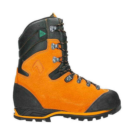 Orange and black tall lace-up hiking boot with metal eyelets and rugged treaded sole