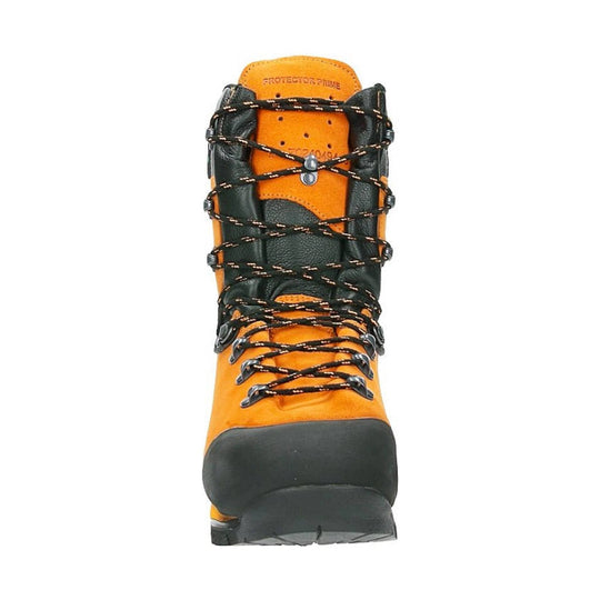 Orange and black lace-up hiking boot, front view, with metal eyelets and thick black toe cap