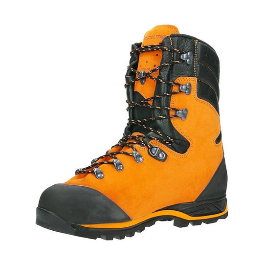 Orange and black lace-up hiking boot with metal eyelets and a rugged sole