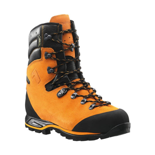 Orange and black hiking boot with bungee laces, rubber toe cap, and GORE-TEX tab