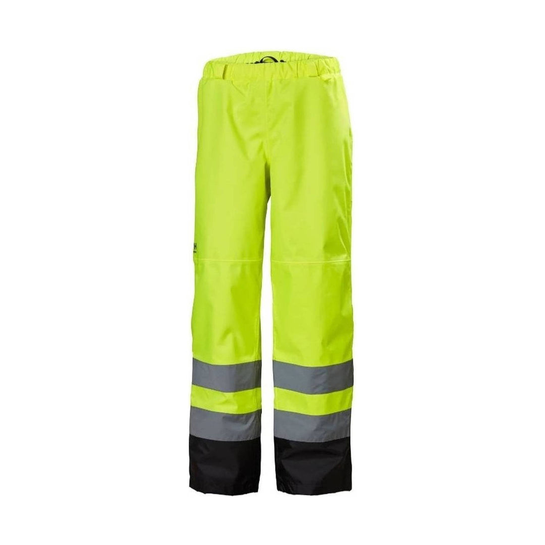 Hi-vis yellow waterproof pants with gray reflective bands and black lower legs