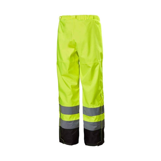 High-visibility yellow shell pants with reflective gray bands and black lower legs