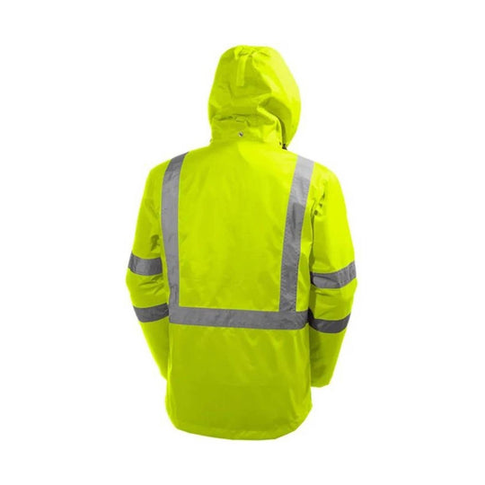 High-visibility yellow hooded rain jacket with silver reflective stripes, shown from the back