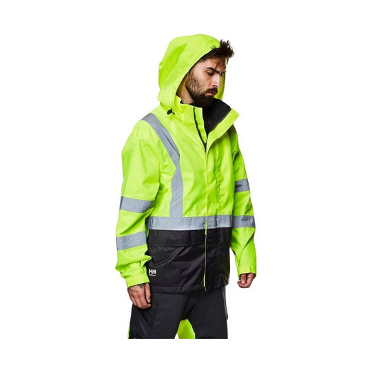 Hi-vis neon yellow waterproof jacket with reflective gray stripes and black lower panels