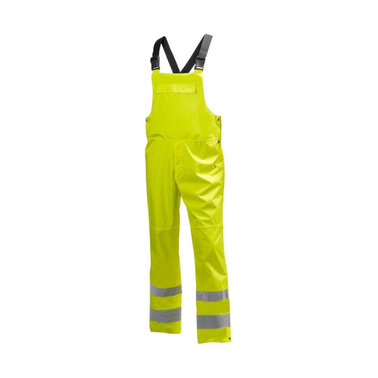 High-visibility yellow bib overalls with reflective leg bands and black shoulder straps