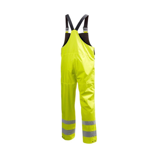 High-visibility yellow bib overalls with reflective leg stripes and black suspenders