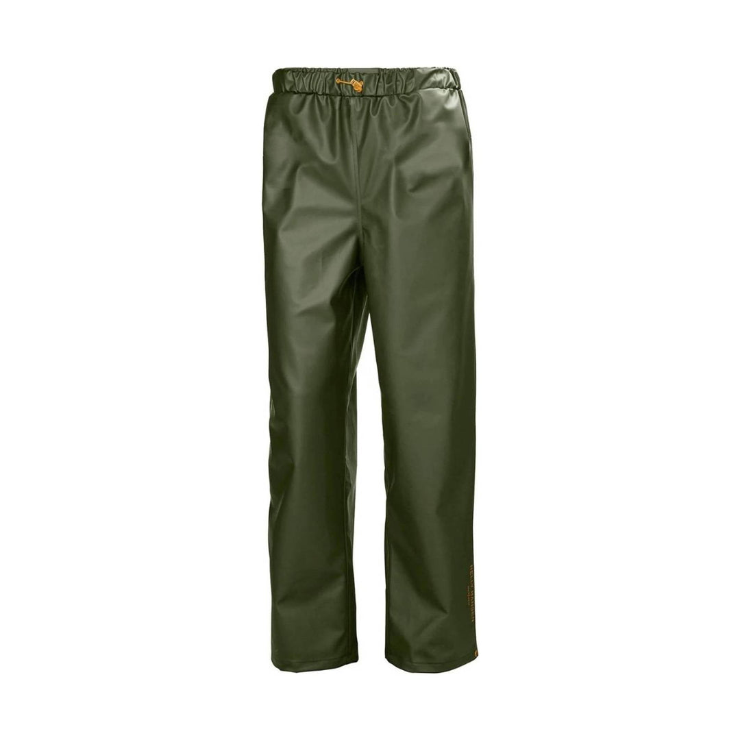 Olive green waterproof rain pants with elastic waistband and straight legs