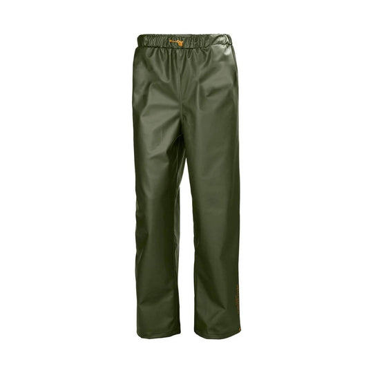 Olive green waterproof rain pants with elastic waistband and straight legs
