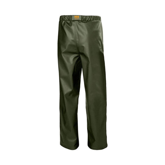 Dark olive waterproof rain pants with elastic waistband and small logo at the front