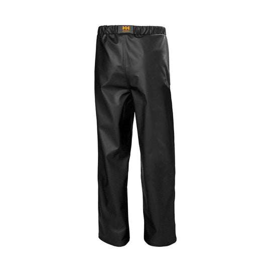 Black waterproof rain pants with elastic waistband and small yellow logo on the front