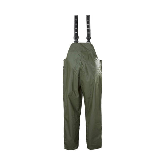 Olive green waterproof bib overalls with black adjustable shoulder straps and snap waist