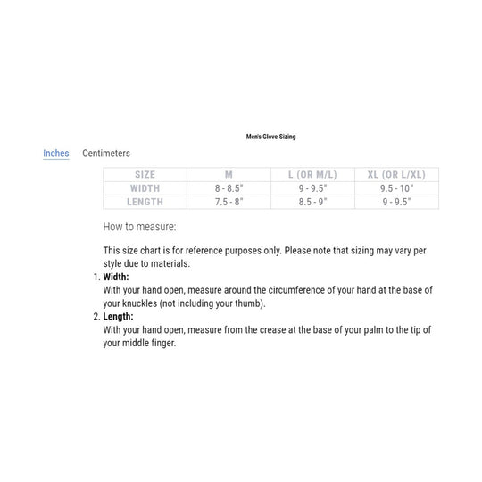 Men's glove sizing chart with inches and centimeters tabs and a size table for M, L, and XL.