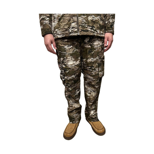 Camouflage cargo pants with matching jacket, shown on a model with tan slip-on shoes