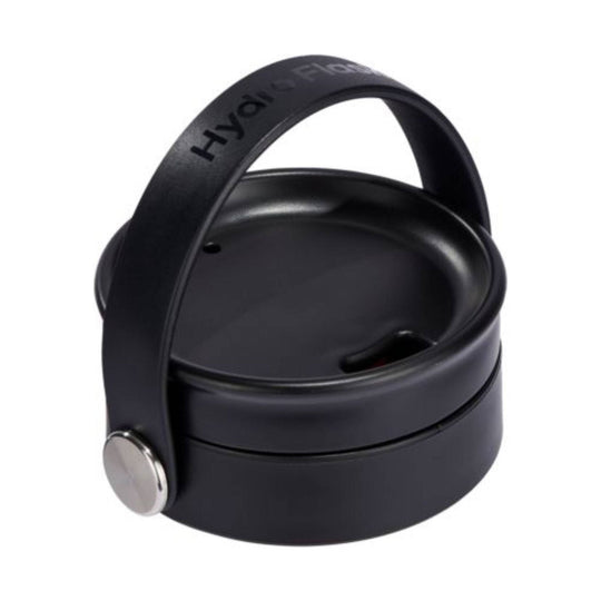 Black insulated travel mug with a curved carry handle and snap-on lid