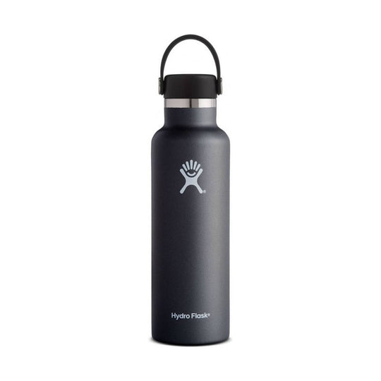 Black stainless steel water bottle with a flip-up carry handle and logo on the front