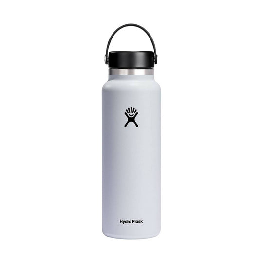 Light gray stainless steel water bottle with black lid and carry loop