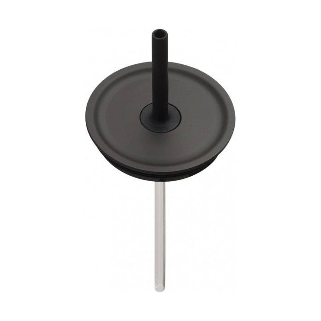 Black round straw lid with a vertical black straw and a silver metal tube