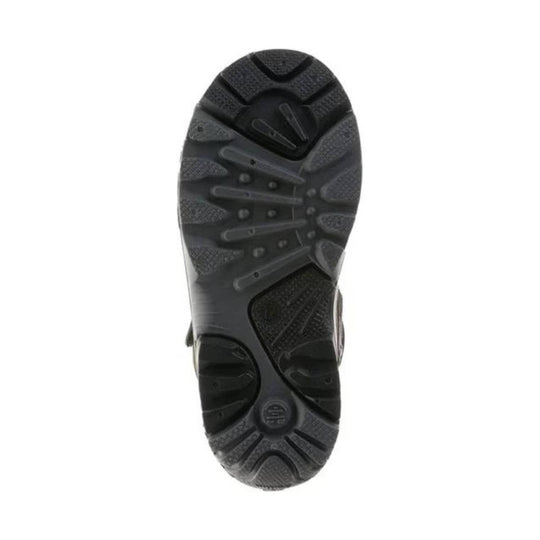 Black winter boot outsole with deep tread and circular heel logo