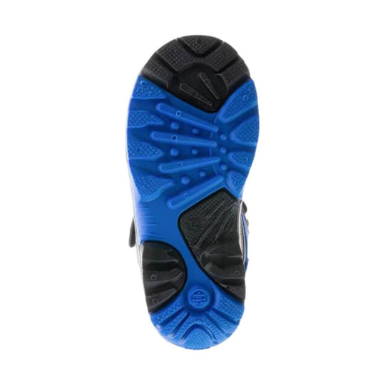 Blue and black winter boot outsole with deep tread