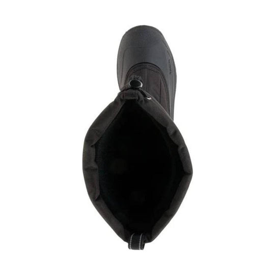 Black insulated winter boot with a tall shaft, pull loop, and wide open top view