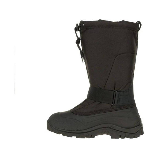 Black insulated winter boot with tall shaft, side cinch cord, and rugged rubber sole