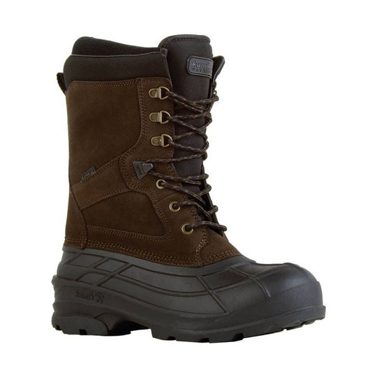 Dark brown insulated winter boot with lace-up front, black rubber toe, and lug sole