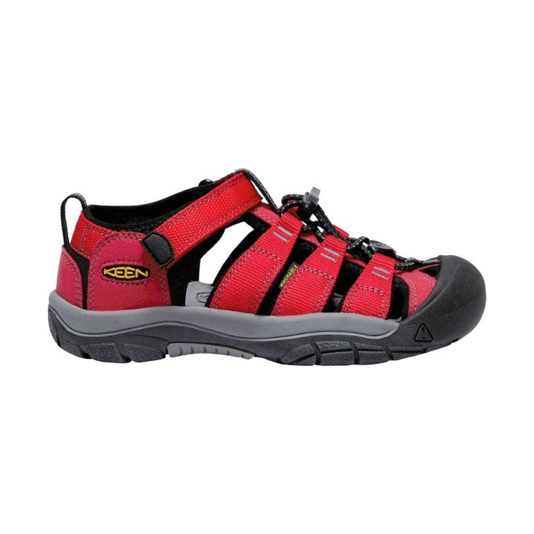 Red and black closed-toe hiking sandal with bungee laces and a gray sole