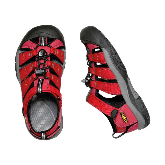 Red and black closed-toe sandal with webbing straps, bungee laces, and a gray sole