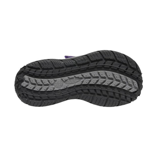 Trail shoe outsole with black rubber tread and a gray KEEN-branded midfoot section
