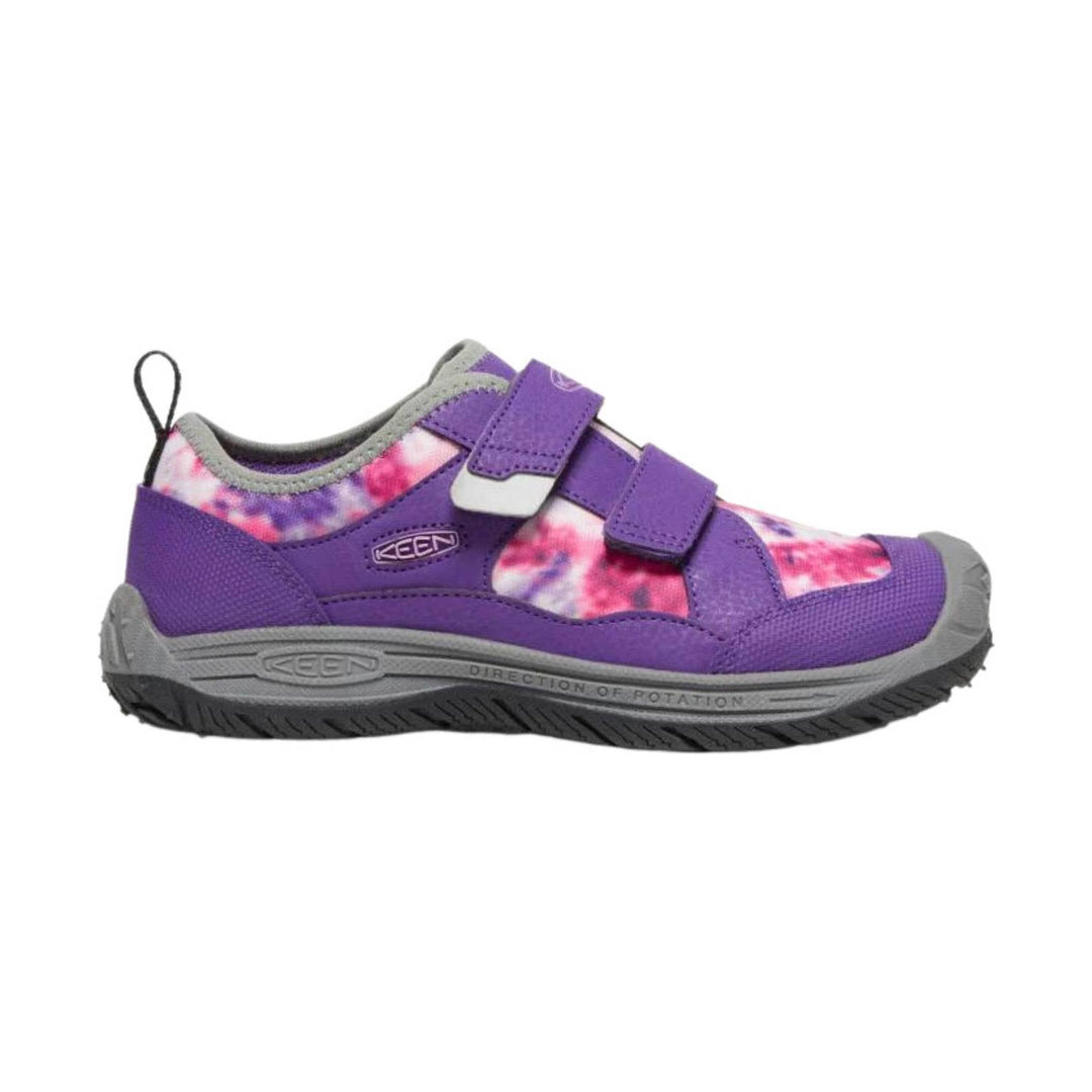 Purple and pink kids' sneaker with Velcro straps, gray trim, and black sole