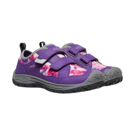 Purple kids' hiking shoe with two hook-and-loop straps, tie-dye side panels, and gray rubber toe and sole