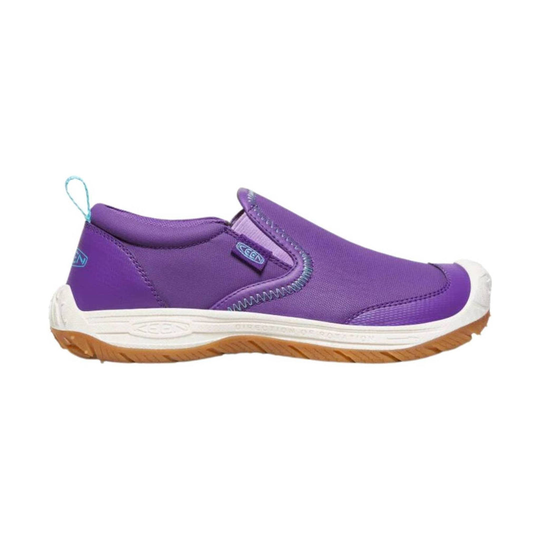Purple slip-on hiking shoe with white midsole, tan tread, and aqua pull loop