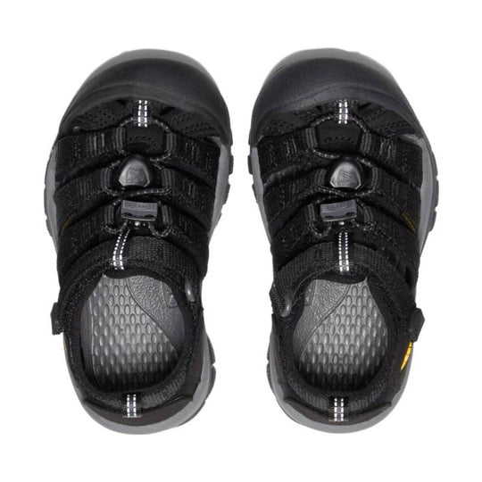 Black kids' closed-toe hiking sandals with bungee straps and gray soles, shown top-down side by side