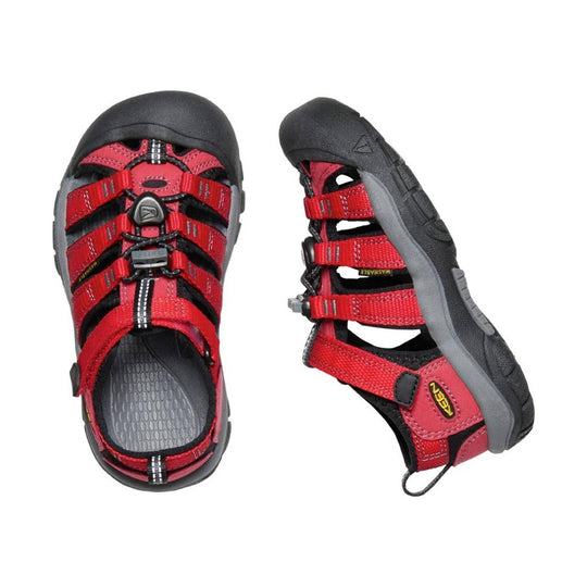 Red and black closed-toe hiking sandal with adjustable straps, bungee cord closure, and side cutouts