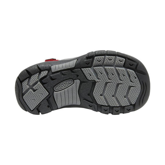 Black and gray hiking sandal sole with KEEN logo and lugged tread