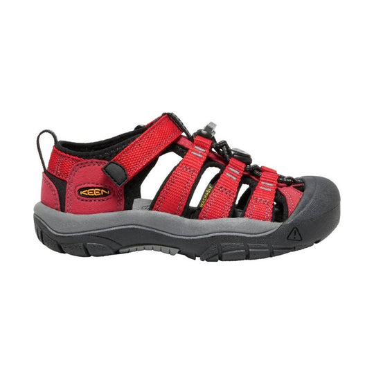 Red and black closed-toe hiking sandal with bungee laces, three straps, and a gray sole