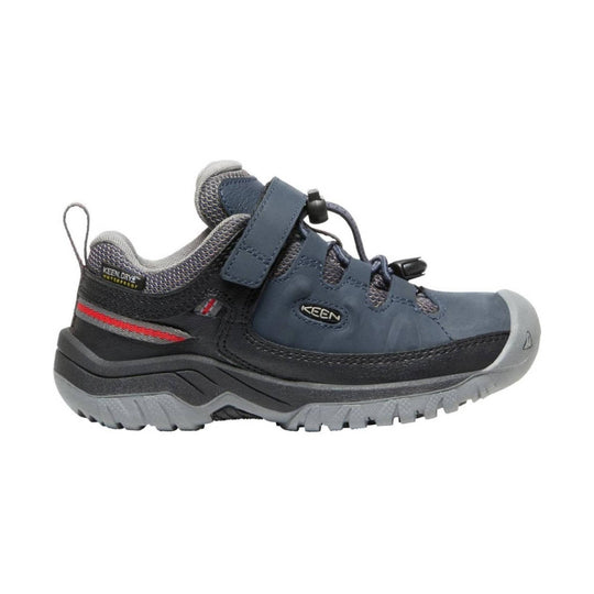 Blue and gray kids' hiking shoe with bungee laces, strap closure, and rugged tread