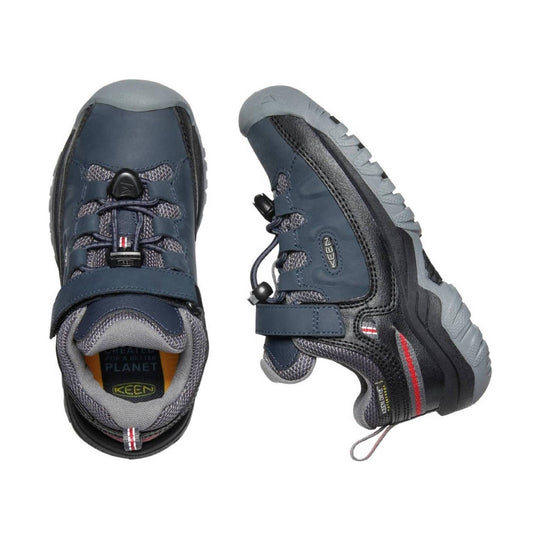 Blue and gray kids' hiking shoe with bungee laces, side strap, and rugged sole