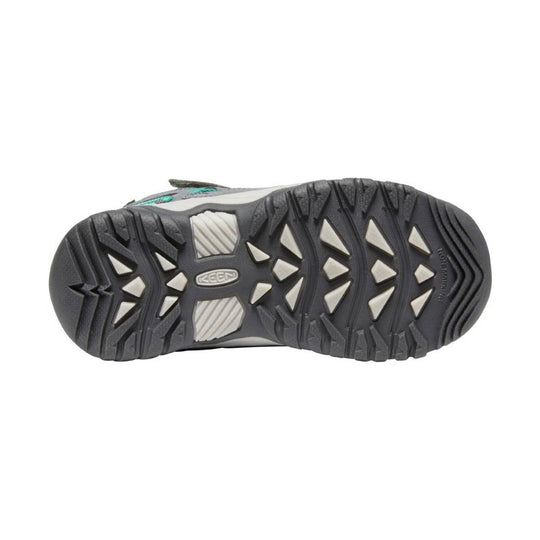 Black lugged boot sole with KEEN logo and triangular traction lugs