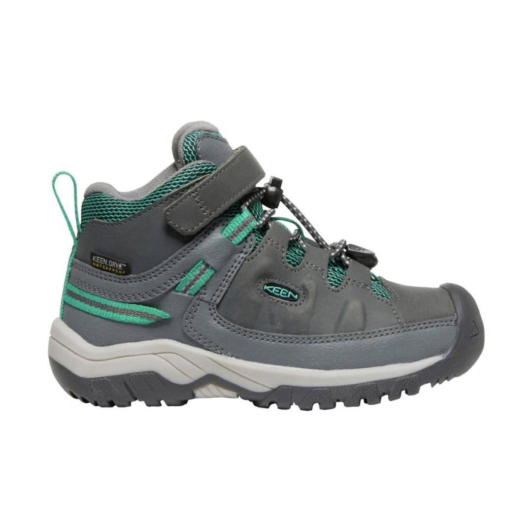 Gray and teal kids' hiking boot with bungee laces and a hook-and-loop strap