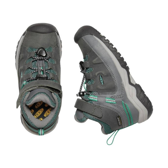 Gray and teal kids hiking boot with bungee laces, black toe cap, and rugged sole