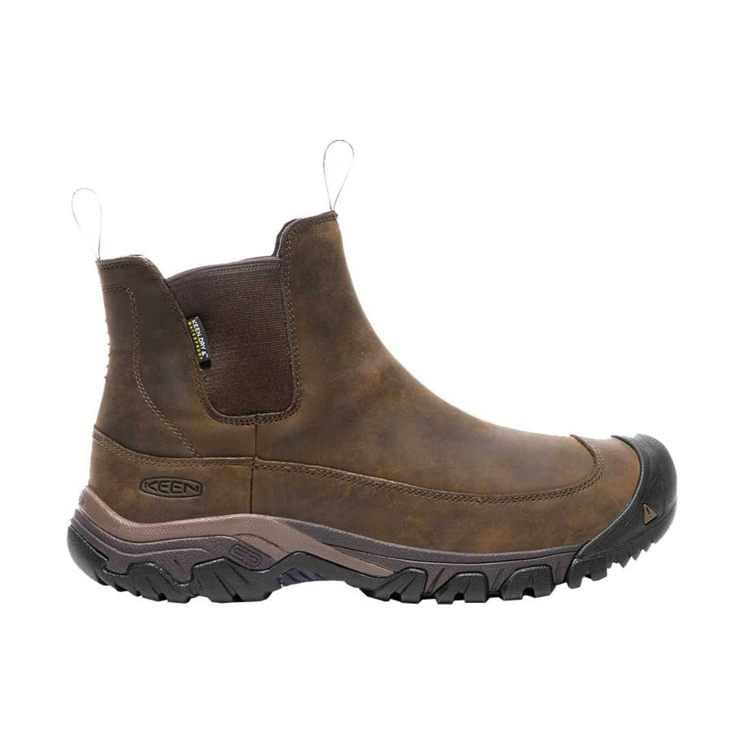 Brown pull-on winter boot with side elastic panel, black tread, and heel loops