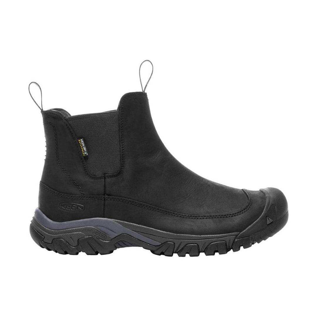 Black ankle-height pull-on winter boot with side elastic panel, pull tabs, and rugged lug sole