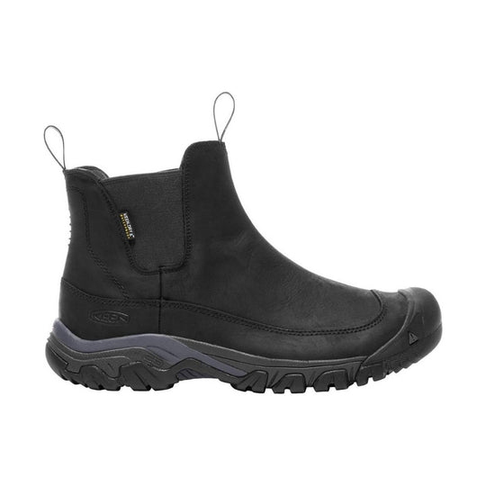 Black ankle-height pull-on winter boot with side elastic panel, pull tabs, and rugged lug sole