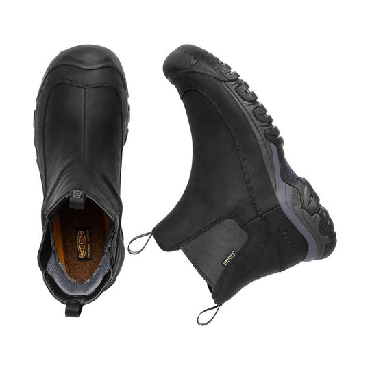 Black pull-on winter boots shown from top and side views with lug soles and heel loops