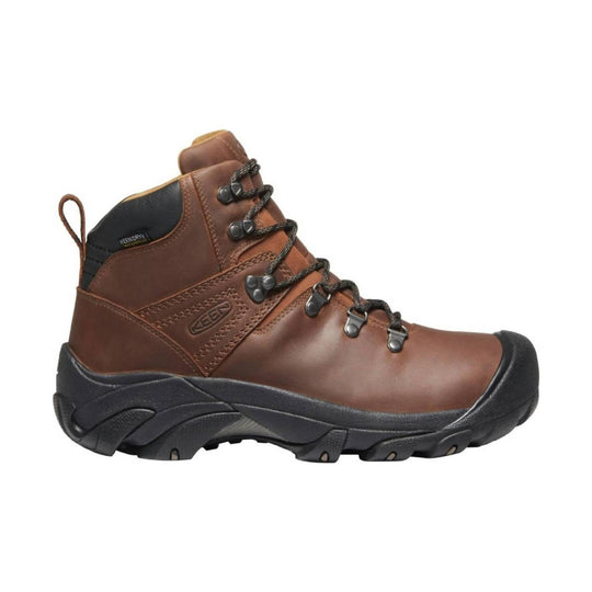Brown leather hiking boot with black rubber toe cap, bungee laces, and lugged sole