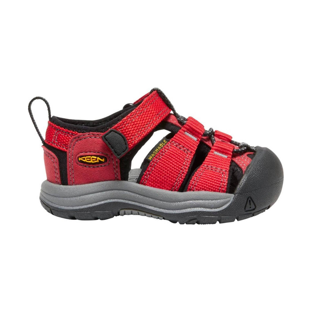 Red toddler closed-toe hiking sandal with black toe cap, hook-and-loop straps, and bungee laces