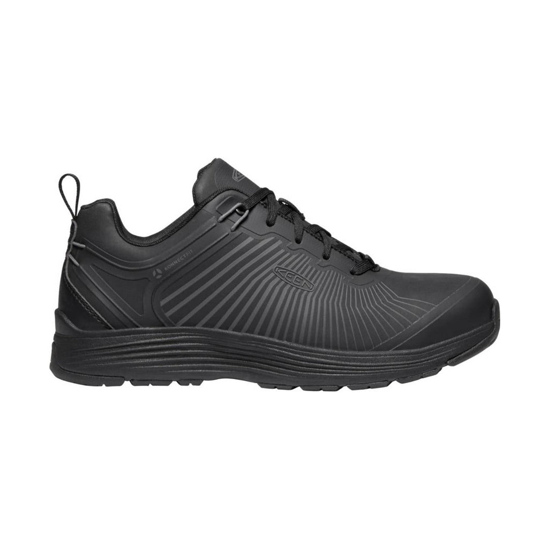 Black low-top work shoe with black laces, striped side panel, and pull tab