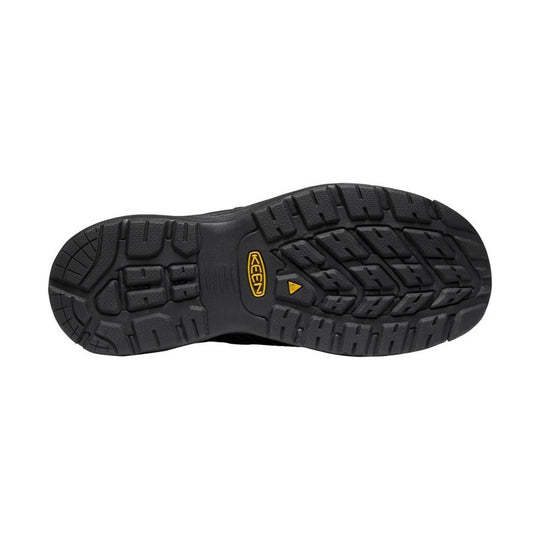 Black rugged shoe outsole with deep tread and KEEN logo