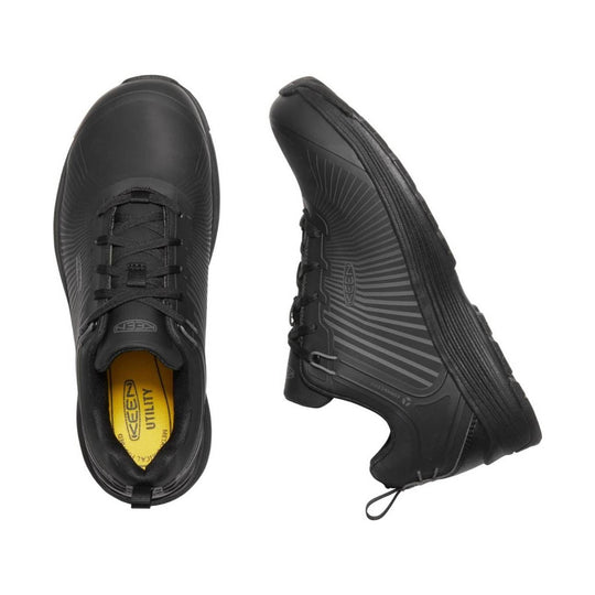 Black low-top work shoe with black laces, side stripe pattern, and a pull tab